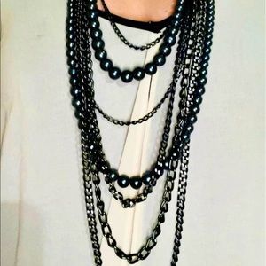 Layered long black pearl and chain necklace